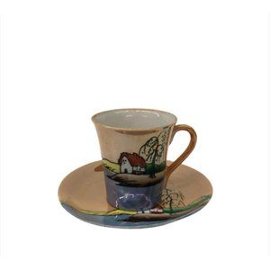 Saki Tea Cup with Saucer made in Japan Cute Small Cup with Barn & Country Scene